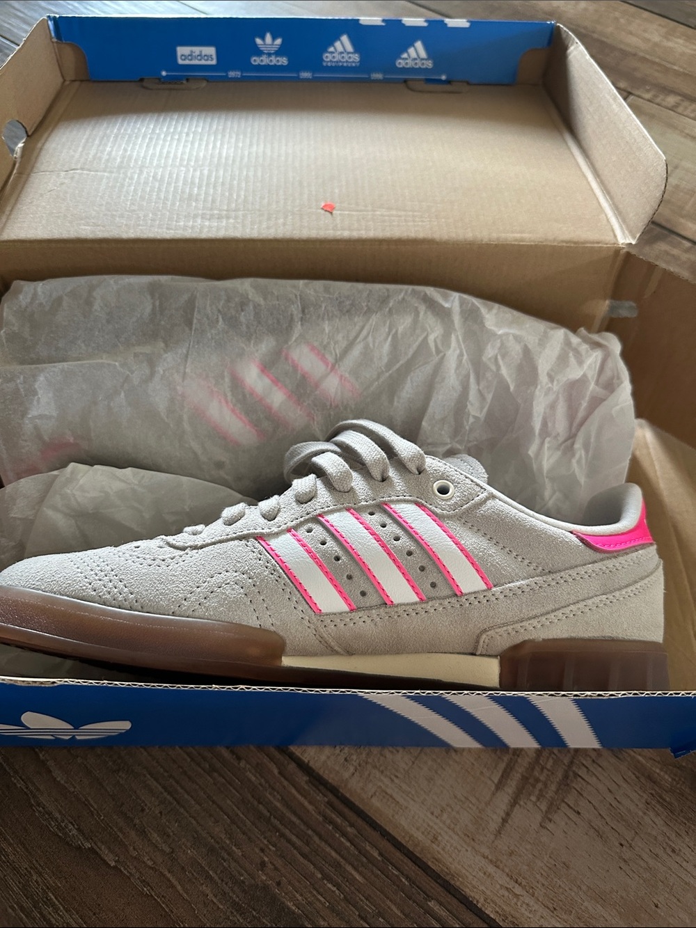 adidas Light Gray Suede Sneaker with Neon Pink Accents